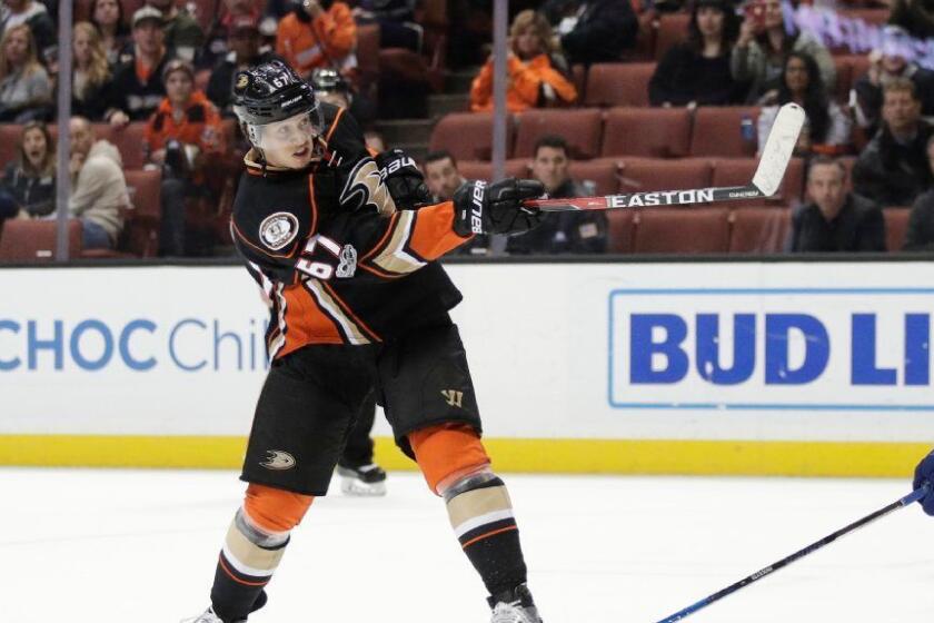 Ducks forward Rickard Rakell, shown scoring an overtime goal against the Lightning on Jan. 17, prefers to play center but has thrived at left wing.