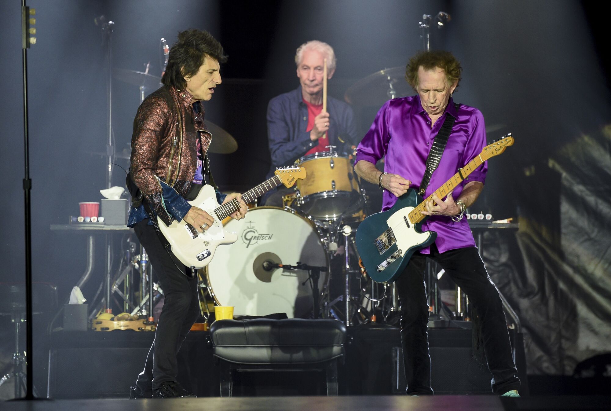 Musicians Ronnie Wood, Charlie Watts and Keith Richards of the Rolling Stones perform at MetLife Stadium.