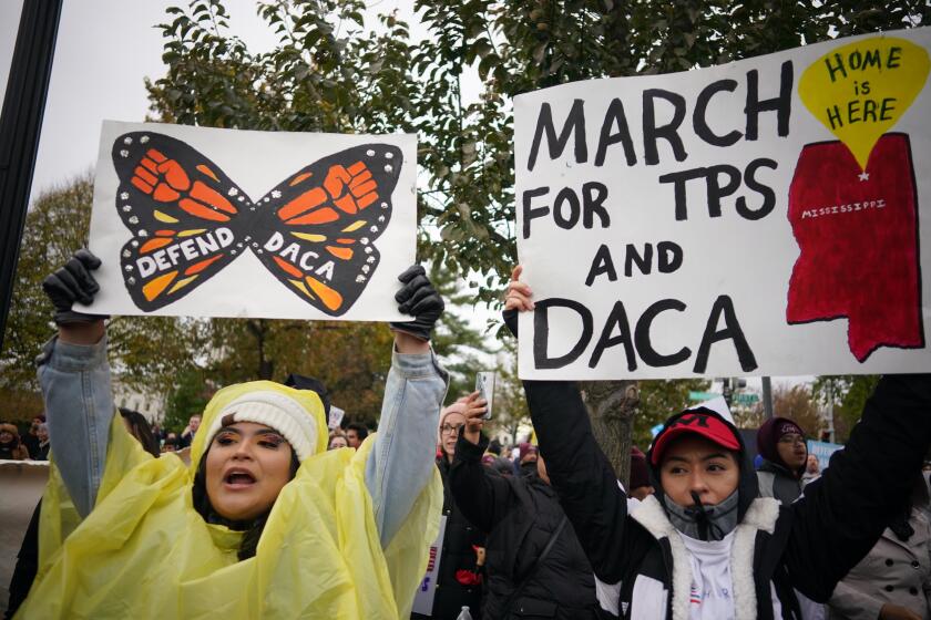 Immigration rights activists take part in a rally in front of the US Supreme Court in Washington, DC on November 12, 2019. - The US Supreme Court hears arguments on November 12, 2019 on the fate of the "Dreamers," an estimated 700,000 people brought to the country illegally as children but allowed to stay and work under a program created by former president Barack Obama.Known as Deferred Action for Childhood Arrivals or DACA, the program came under attack from President Donald Trump who wants it terminated, and expired last year after the Congress failed to come up with a replacement. (Photo by MANDEL NGAN / AFP) (Photo by MANDEL NGAN/AFP via Getty Images)