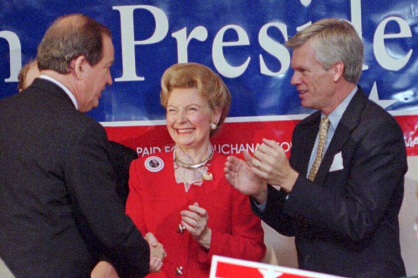 Phyllis Schlafly campaigned on behalf of numerous Republican presidential candidates in recent decades, leading up to Donald Trump just earlier this year. Above, Schlafly announces her endorsement of then-presidential hopeful Pat Buchanan in Columbia, S.C. in 1996.