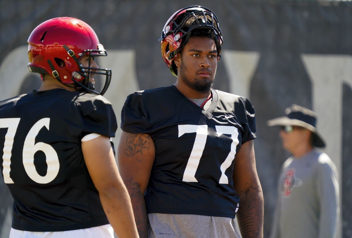 SDSU right tackle Josh Simmons (77) played the second-most snaps of all returning offensive linemen in 2022.