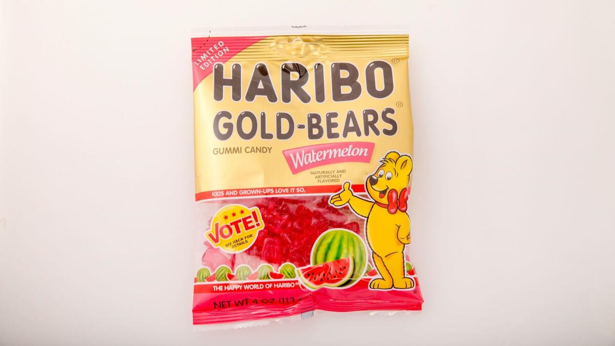 LOS ANGELES, CALIF. -- THURSDAY, JUNE 1, 2017: Detail of watermelon Haribo Gold-Bears candy at the Los Angeles Times studio in Los Angeles, Calif., on June 1, 2017. (Allen J. Schaben / Los Angeles Times)