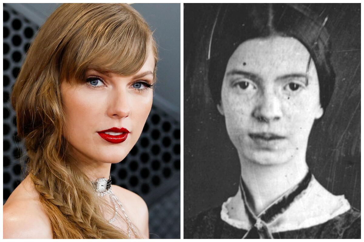 A photo of Taylor Swift with bangs and her hair in a side ponytail. On the right, a black-and-white photo of Emily Dickinson