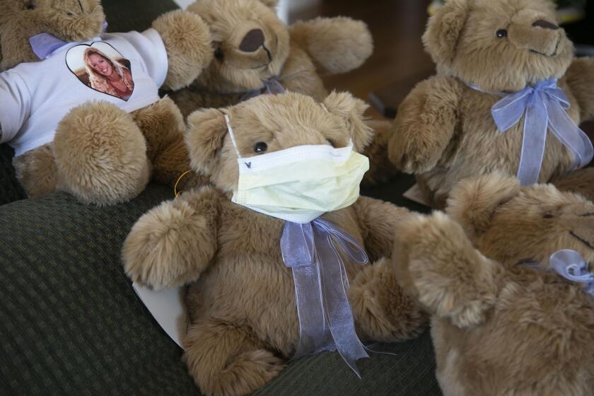 Comfort Cubs like this one with the mask on have been given to front line medical professionals fighting the pandemic by Marcella Johnson and her group. Photo taken on Tuesday April 14, 2020.
