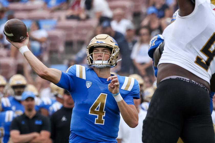 PASADENA, CA - SEPTEMBER 10: UCLA quarterback Ethan Garbers filled in for Dorian Thompson-Robinson to lead the team to a win against Alabama State at the Rose Bowl on Saturday, Sept. 10, 2022 in Pasadena, CA. (Myung J. Chun / Los Angeles Times)