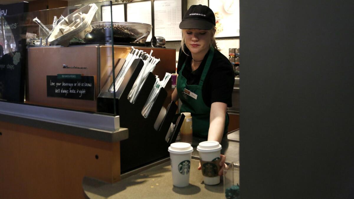 A barista at the Starbucks on the Warner Brothers Studio lot in Burbank on Feb. 23, 2017.