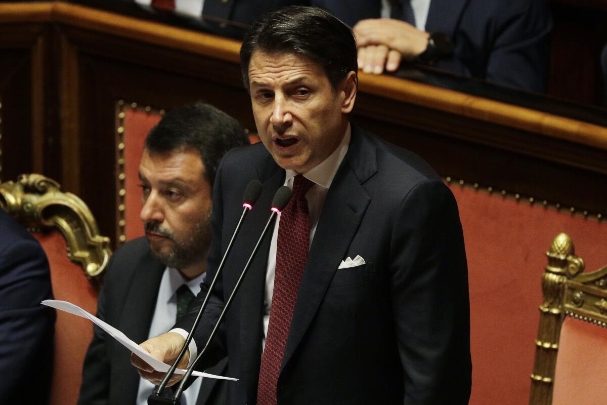 Italian Prime Giuseppe Conte addresses the Senate in Rome.