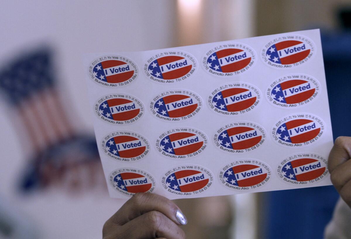 "I Voted" stickers are shown in this file photo taken on Tuesday, Nov. 4, 2014, at Burbank City Hall.