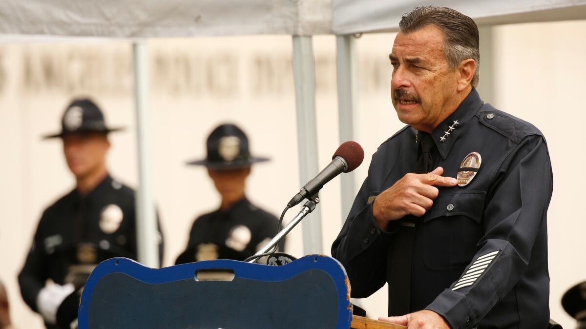 LAPD Chief Charlie Beck speaks at a recent graduation for the department's newest officers. The ceremony was held the morning after a deadly sniper attack in Dallas that killed five officers.