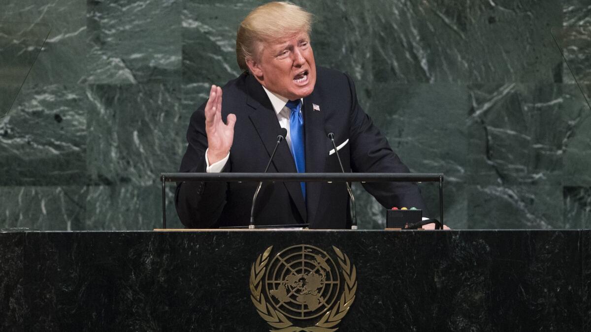 President Trump addresses the United Nations General Assembly at U.N. headquarters in New York on Sept. 19, 2017.