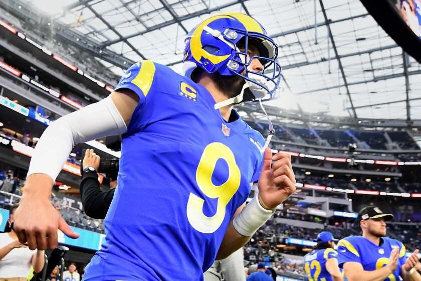 Los Angeles, California January 17, 2022: Rams quarterback Matthew Stafford takes the field before a wild card.