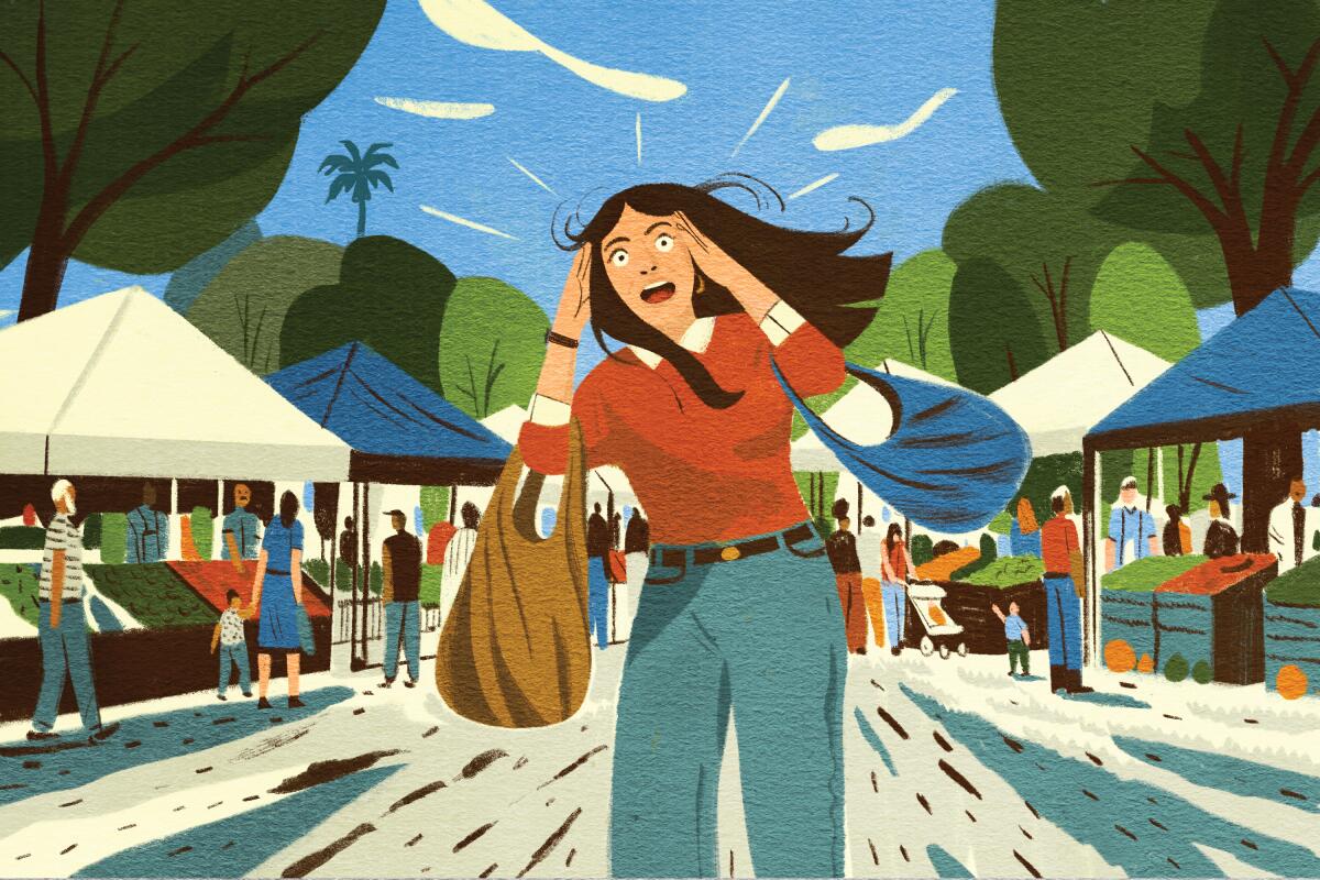 Illustration of a casually dressed, stressed-out woman with reusable tote bags at a farmers market with pop-up tents.