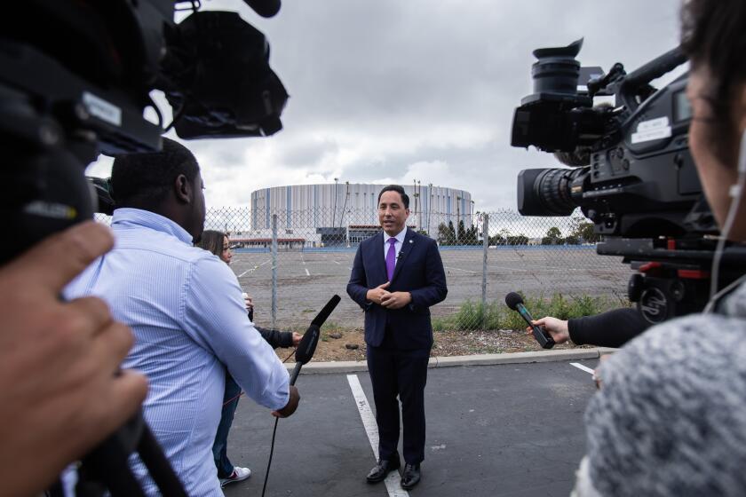 San Diego, CA - June 12: Mayor Todd Gloria speaks with reporters after a press conference announcing Stan Kroenke - owner of owner of the Los Angeles Rams football team and Denver Nuggets basketball team - as the new investment partner behind the Sport Arena redevelopment project known as Midway Rising at Midway District in San Diego, CA on Monday, June 12, 2023. (Adriana Heldiz / The San Diego Union-Tribune)