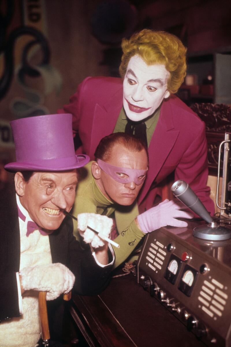 The first TV series Penguin: Burgess Meredith, left, with Frank Gorshin and Cesar Romero from 1966's "Batman."