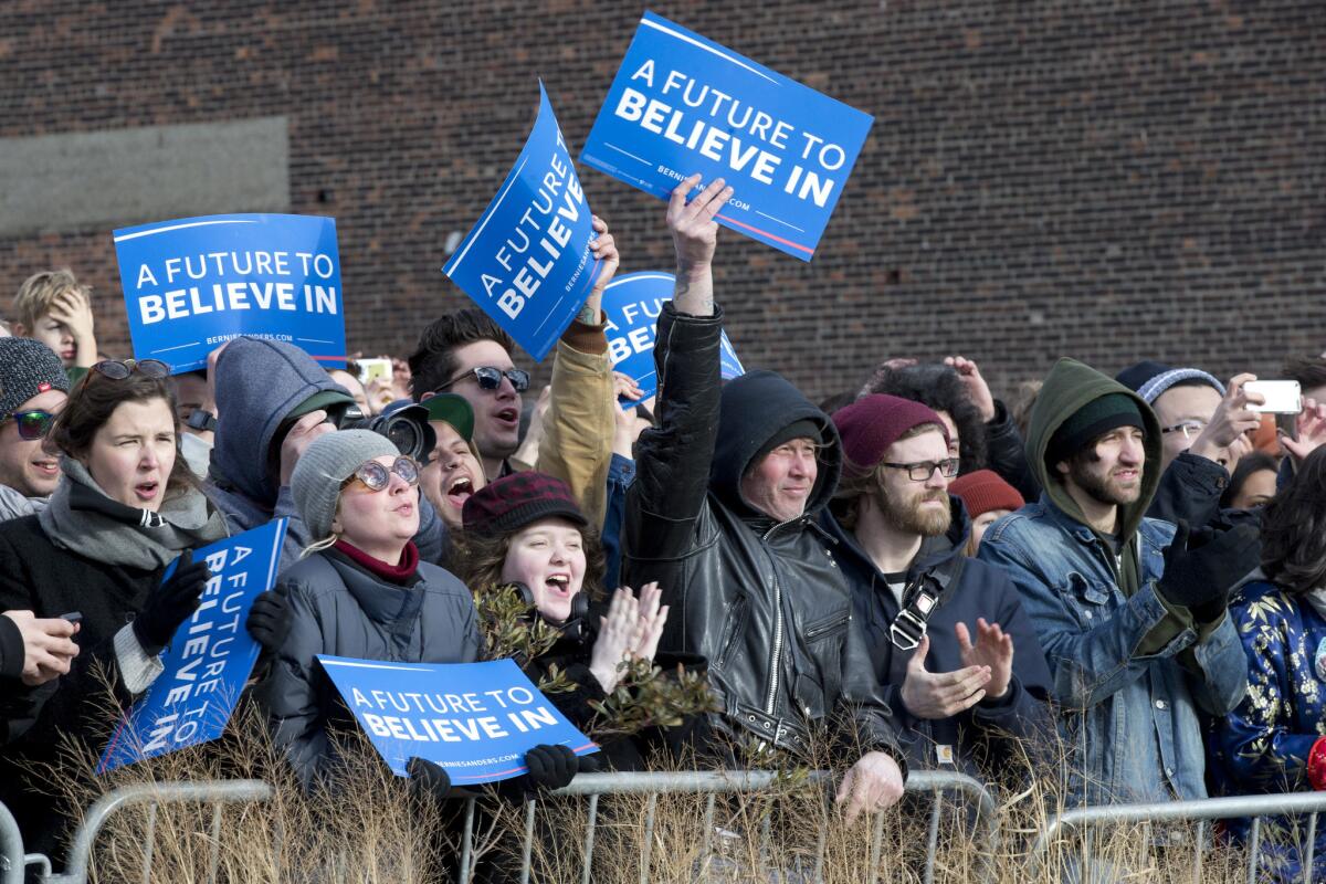 Bernie Sanders supporters rally for their candidate in Brooklyn on April 8.