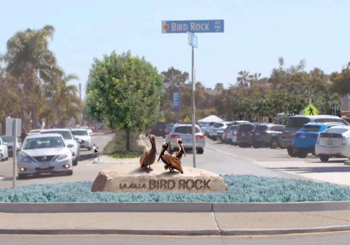 A rendering shows a possible design for neighborhood signs to be placed on La Jolla Boulevard roundabouts.