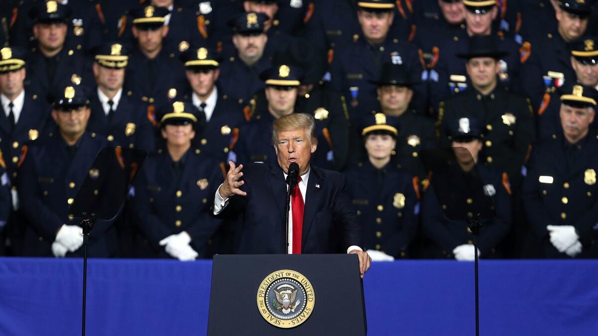 President Donald Trump speaks at Suffolk Community College on July 28, 2017, in Brentwood, N.Y. His remarks included telling police recruits to be "rough" in handling suspects.