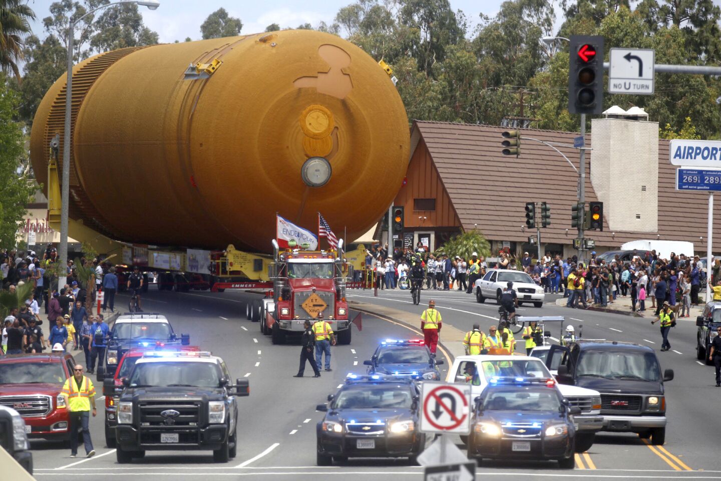 The giant orange external fuel tank called ET-94 is en route to the California Science Center on Saturday.