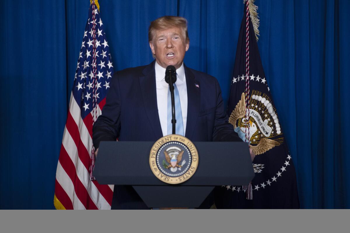 President Donald Trump delivers remarks on Iran, at his Mar-a-Lago property, Friday, Jan. 3, 2020, in Palm Beach, Fla.