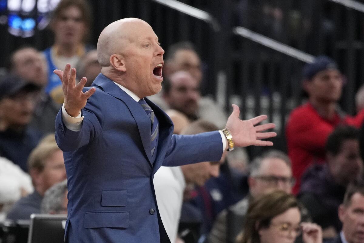 UCLA basketball coach Mick Cronin reacts during a loss to Gonzaga in the Sweet 16 of the NCAA tournament.