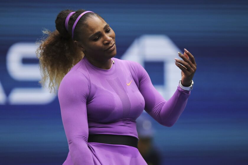 Serena Williams, of the United States, reacts after losing a point to Bianca Andreescu, of Canada, during the women's singles final of the U.S. Open tennis championships Saturday, Sept. 7, 2019, in New York. (AP Photo/Charles Krupa)