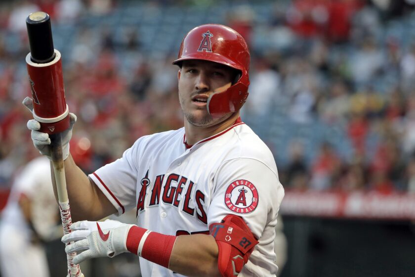 Los Angeles Angels center fielder Mike Trout during a baseball game Wednesday, June 5, 2019, in Anaheim, Calif. (AP Photo/Marcio Jose Sanchez)