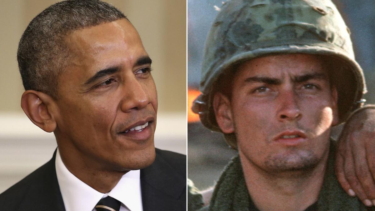President Obama and his NCAA picks wound up being a social-media target Wednesday for Charlie Sheen, shown in 1986 during filming of the movie "Platoon."
