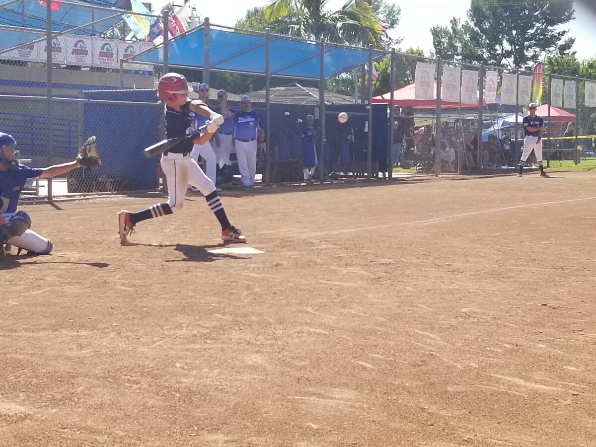Ryan Williams hits a two-run double in the fourth inning for the Newport Harbor Baseball Assn. 12-and-under All-Stars in Saturday's game against Camarillo in the PONY Bronco Super Region tournament on Saturday at York Field in Whittier.