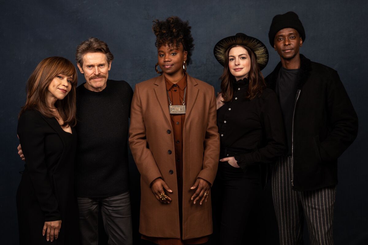 Rosie Perez, left, Willem Dafoe, director Dee Rees, Anne Hathaway and Edi Gathegi of “The Last Thing He Wanted,” photographed in the L.A. Times Studio at the Sundance Film Festival.