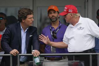 FILE - Former President Donald Trump, right, talks with Donald Trump Jr., center, and Tucker Carlson at the 16th tee during the final round of the Bedminster Invitational LIV Golf tournament in Bedminster, N.J., July 31, 2022. Thousands of hours surveillance footage from the Jan. 6, 2021 Capitol attack are being made available to Fox News’ Tucker Carlson. It's a stunning level of access granted by Speaker Kevin McCarthy that is raising new questions about the House Republican leader’s commitment to transparency, oversight and safety at the Capitol. (AP Photo/Seth Wenig, File)