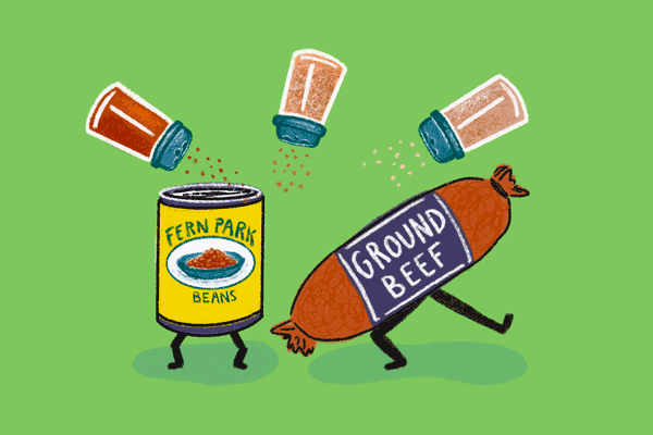 Illustrated animation of a can of beans and a package of ground beef dancing in a rain of paprika, cumin and coriander