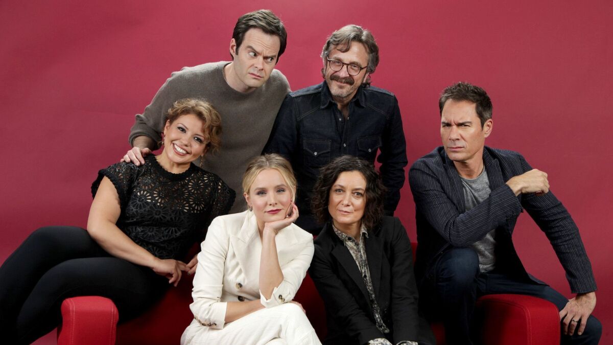 Justina Machado, clockwise from left, Bill Hader, Marc Maron, Eric McCormack, Sara Gilbert and Kristen Bell gather for the the comedy roundtable.