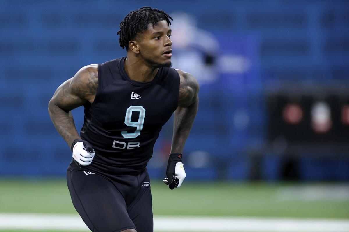 Kristian Fulton of LSU runs a drill during the NFL combine in February.