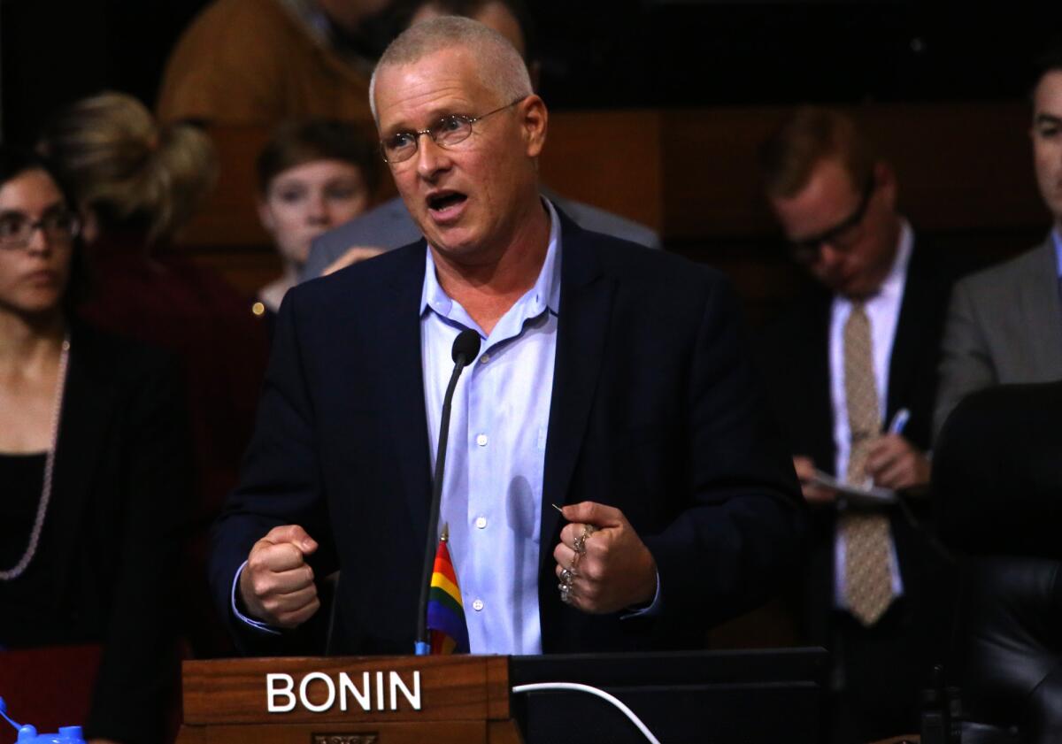 Councilman Mike Bonin, shown in May, said by imposing short-term stay restrictions, the city would protect genuine “home sharing” while cracking down on speculators who buy up properties to rent out like “rogue hotels.”