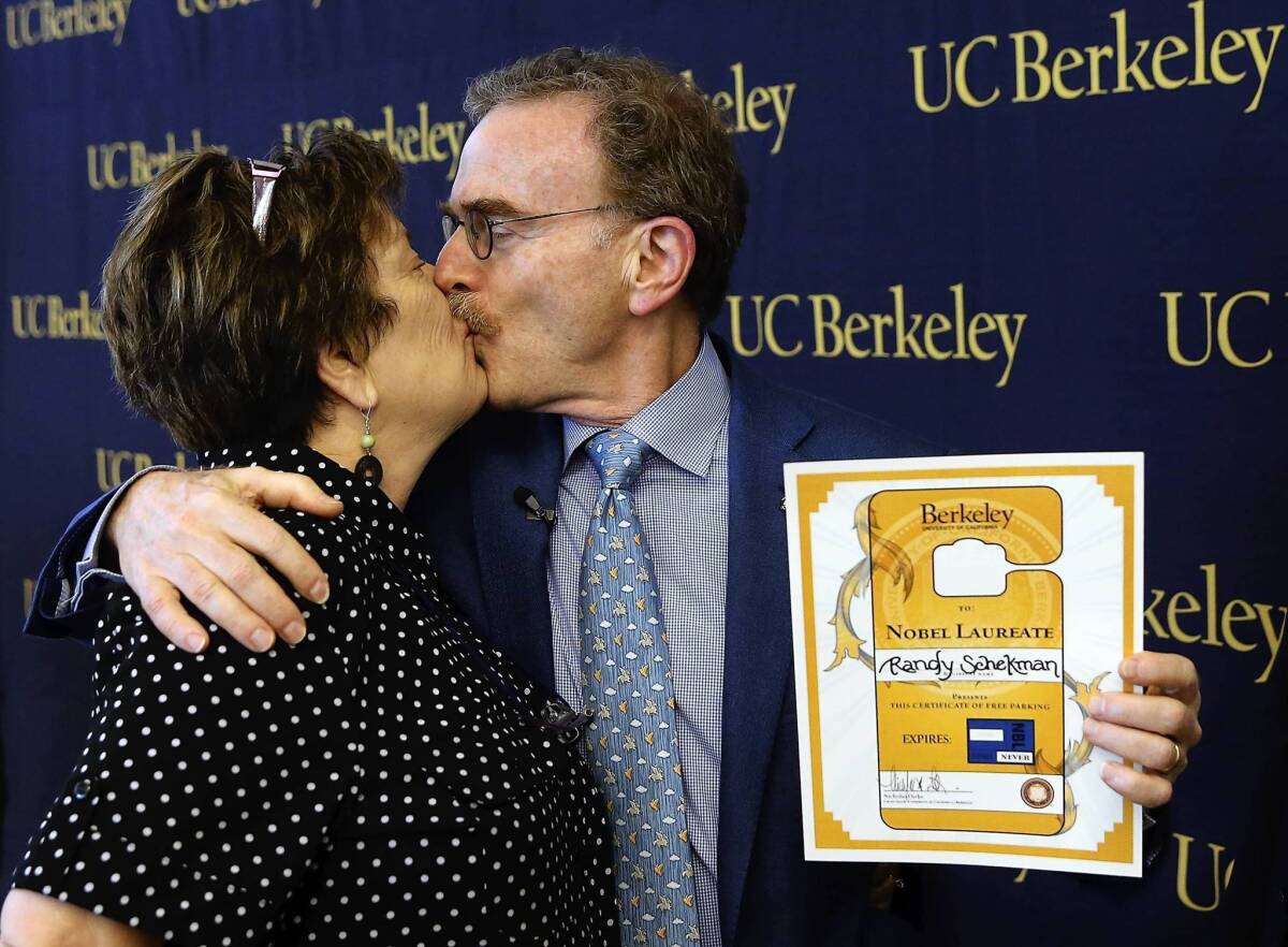 Randy W. Schekman of UC Berkeley and his wife, Nancy, celebrate his Nobel Prize in physiology or medicine. He and co-winners Thomas C. Suedhof of Stanford University and James E. Rothman of Yale University were honored for their research on how cells work.