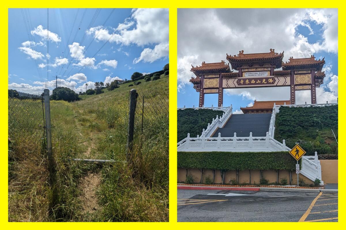 The trail start to Hsi Lai Temple, left; The ornate entrance gate of Hsi Lai Temple, right.