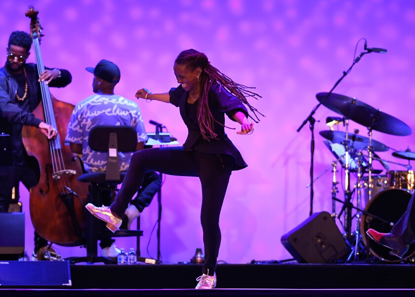 Dormeshia dances as part of the "Super Villainz" show outdoors on the Music Center plaza.