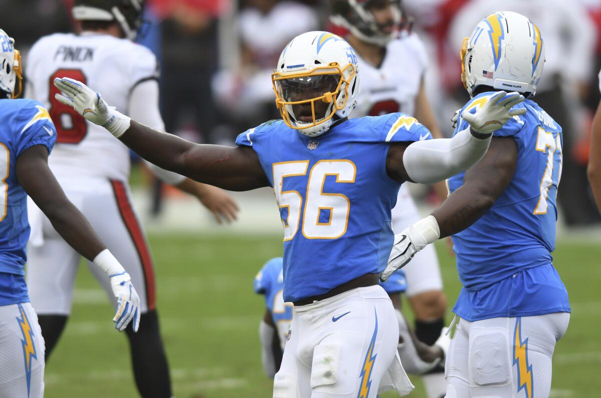 Chargers linebacker Kenneth Murray celebrates after a play against the Tampa Bay Buccaneers in October.