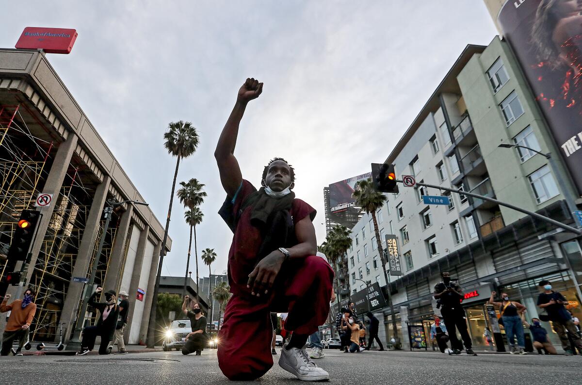 LOS ANGELES, CA - MAY 25:. Participants in a George Floyd memorial march in Hollywood