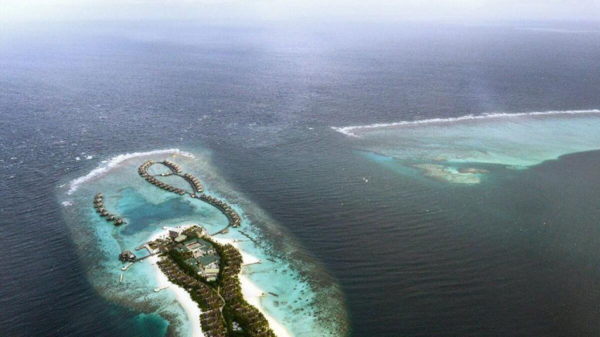 An aerial view of one of the resorts that dot the islands of the Maldives