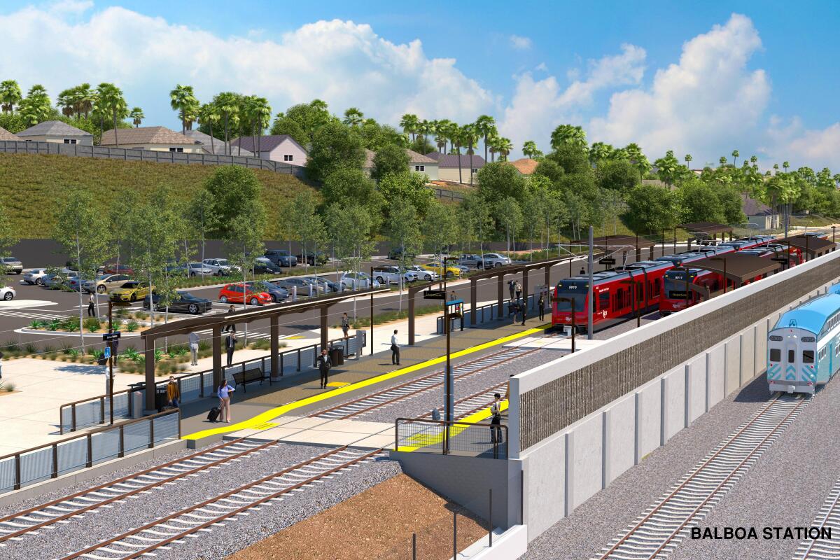 SANDAG digital rendering of the Balboa station’s trolley and Amtrak rails.