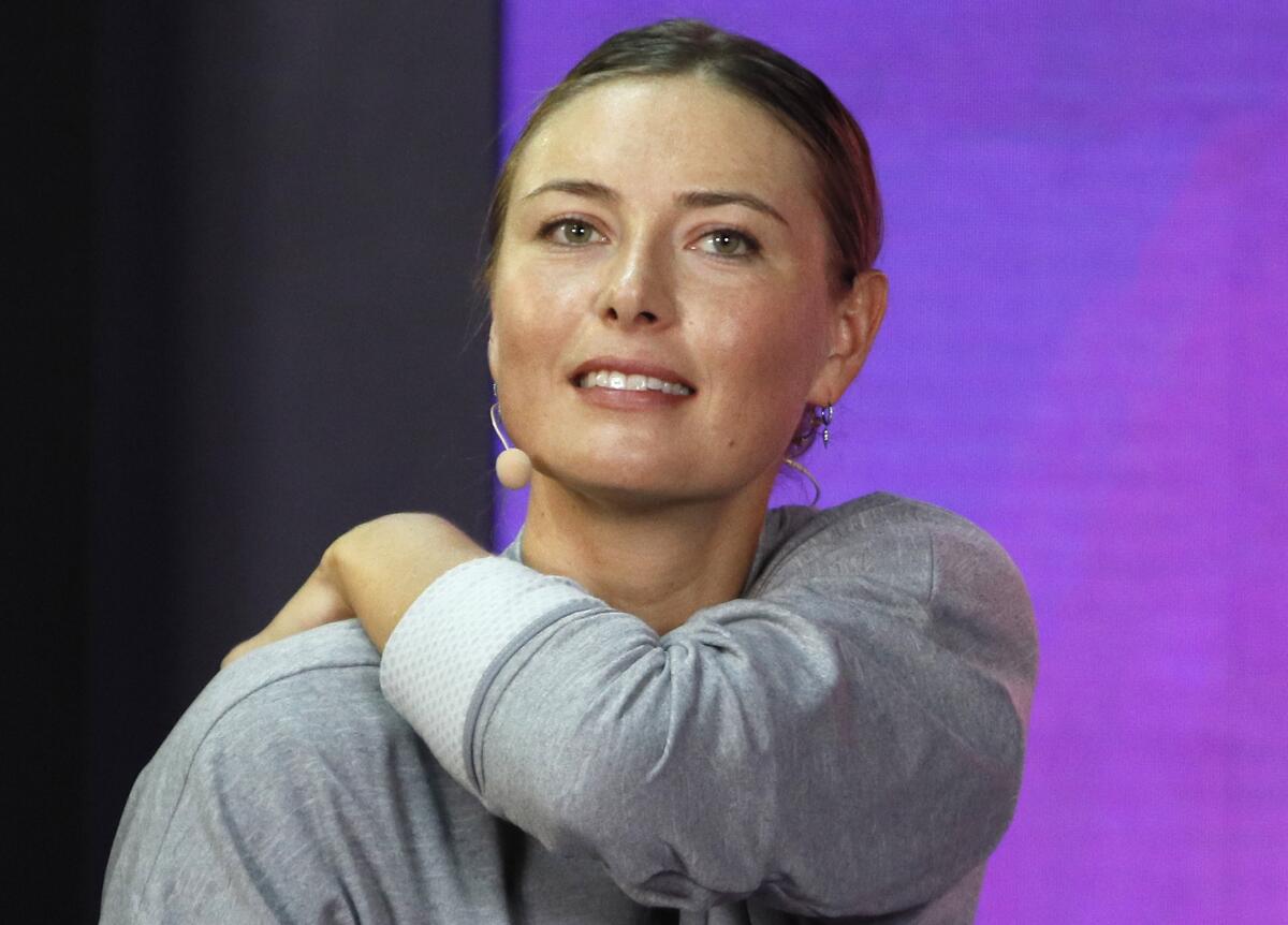 FILE - Maria Sharapova of Russia attends a meeting with her fans at the St. Petersburg Ladies Trophy-2019 tennis tournament match in St.Petersburg, Russia on Jan. 30, 2019. Sharapova says she is pregnant. The five-time Grand Slam tennis champion retired from the sport in February 2020. She delivered the pregnancy news via a social media post on Tuesday, April 19, 2022, her 35th birthday. (AP Photo/Dmitri Lovetsky, File)