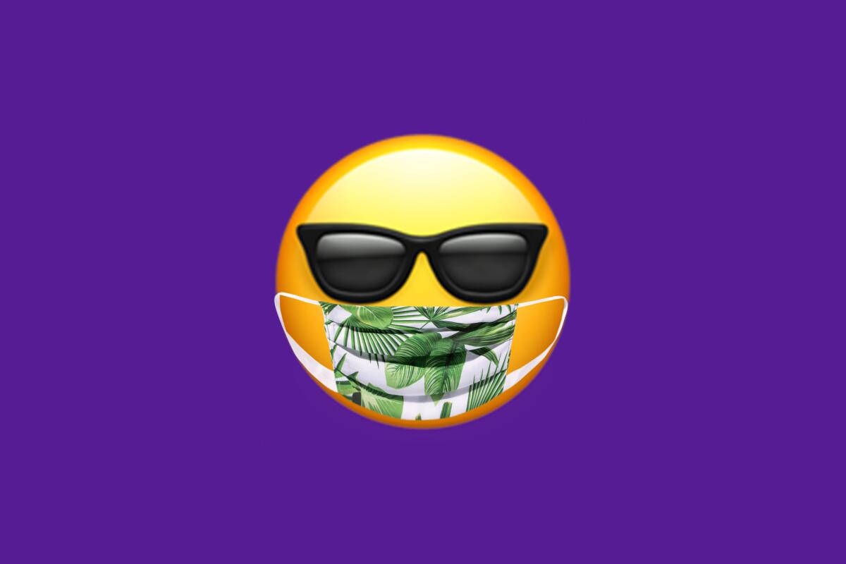 Emoji graphic of a smiley face wearing a face mask
