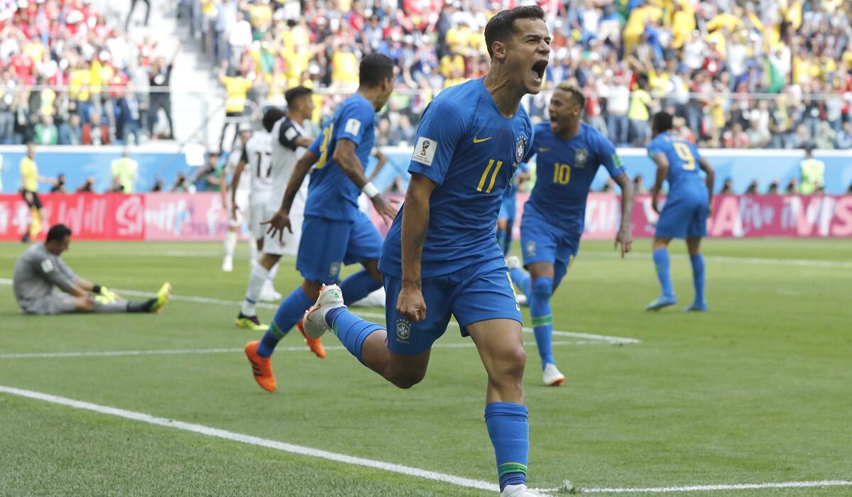 Brazil's Philippe Coutinho celebrates scoring his opening goal during a match against Costa Rica at the World Cup on June 22.