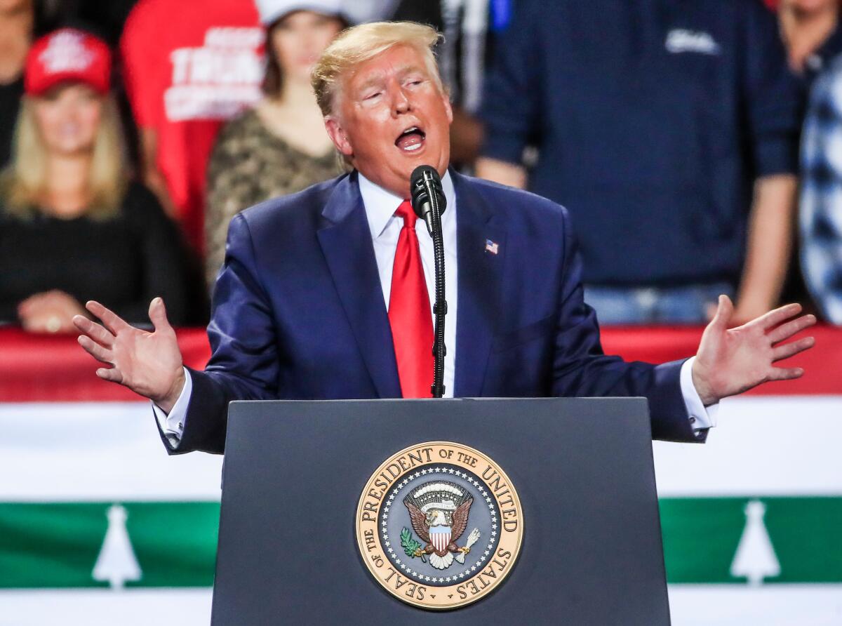 President Trump speaks at a campaign rally in Battle Creek, Mich., on Dec. 18, the night he was impeached.