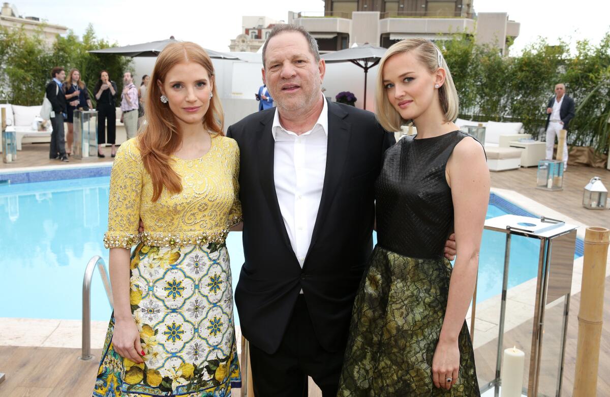 Actress Jessica Chastain, co-chairman of the Weinstein Co. Harvey Weinstein and actress Jess Weixler attend "The Disappearance of Eleanor Rigby" pre-screening reception at Cannes.