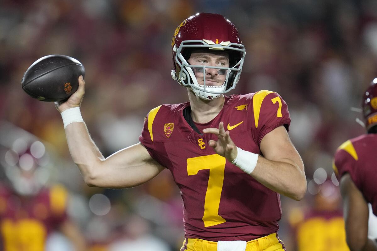 USC quarterback Miller Moss passes during a blowout win over Stanford at the Coliseum on Sept. 9.