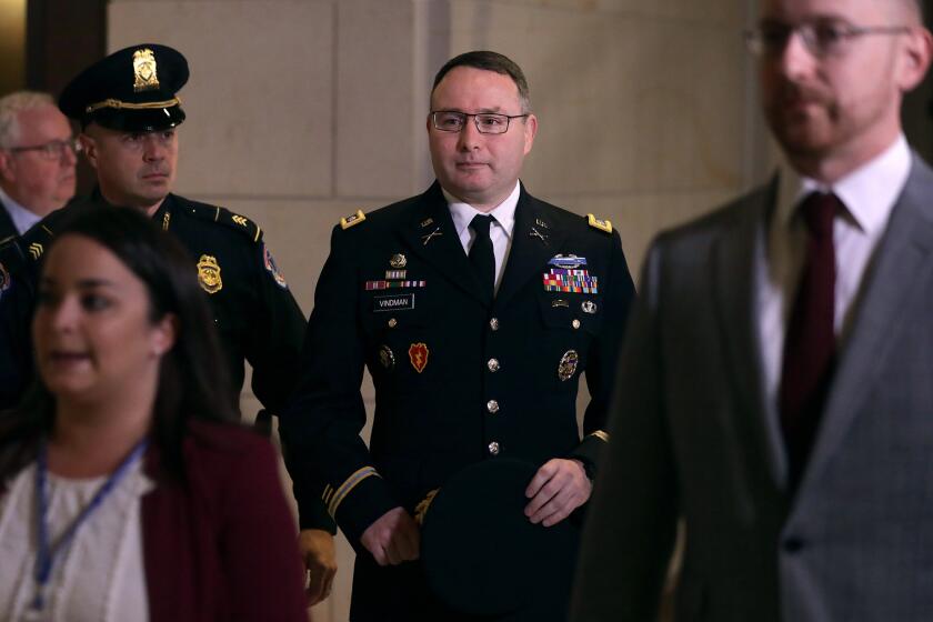 Army Lt. Colonel Alexander Vindman, Director for European Affairs at the National Security Council, arrives at a closed session before the House Intelligence, Foreign Affairs and Oversight committees on Tuesday, Oct. 29, 2019, at the U.S. Capitol in Washington, D.C. (Alex Wong/Getty Images/TNS) ** OUTS - ELSENT, FPG, TCN - OUTS **