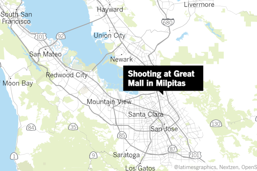 Map of the Bay Area with a label that says Shooting at Great Mall in Milpitas