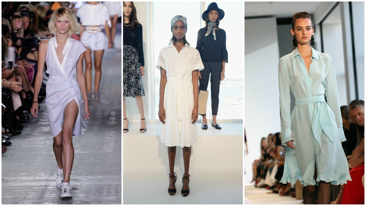 Labels riffing on the shirtdress include, from left, Alexander Wang, Brooks Brothers and Altuzarra.